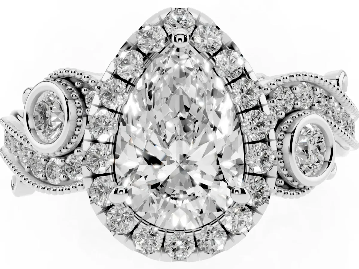 Pear Cut Halo Diamond Ring with Milgrain and Bezel Accents on a Split Shank Band Platinum