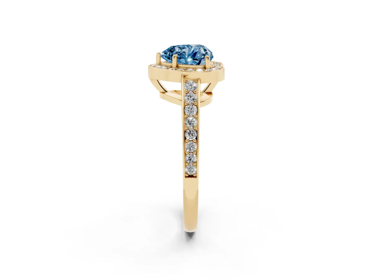 Fancy Blue Heart Cut Halo Pavé Diamond Engagement Ring with Bezel Setting Yellow gold