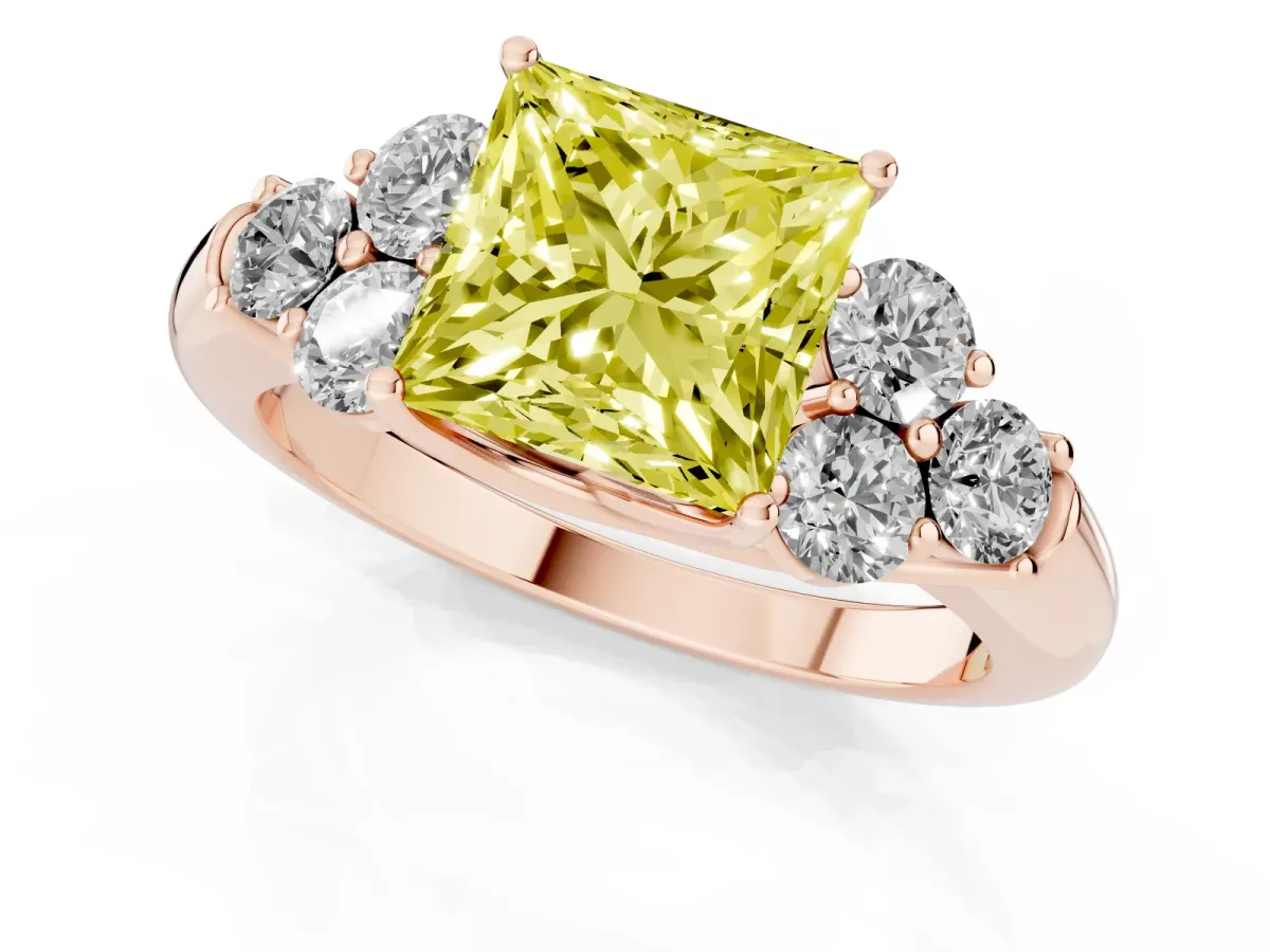 Fancy Yellow Princess Cut Cut Diamond Cluster Ring with Round Accent Stones and Prong Setting on a Classic Band Rose gold