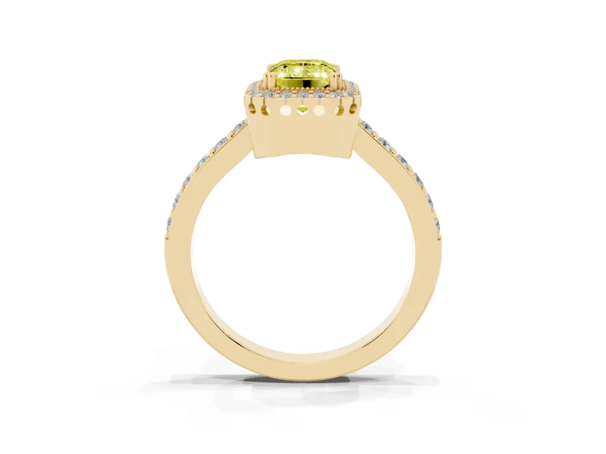 Fancy Yellow Emerald Cut Cut Diamond Halo Engagement Ring with Milgrain Detail and Pavé Band Yellow gold