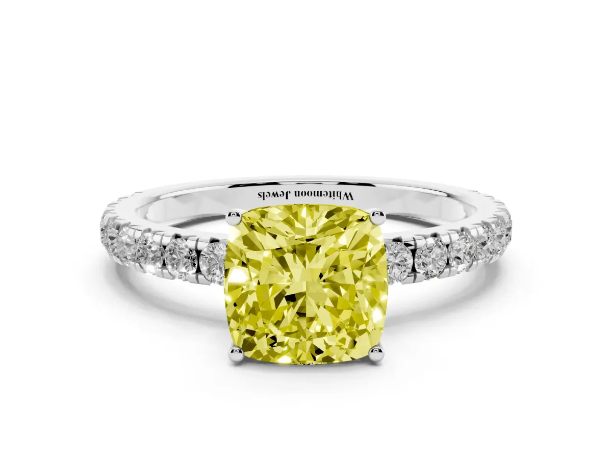 Fancy Yellow Cushion Cut Diamond Pavé Solitaire Engagement Ring with Four-Prong Setting Silver