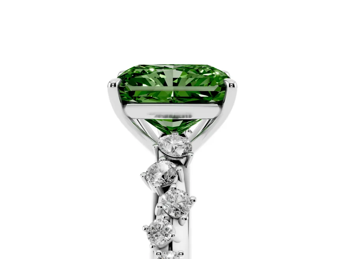 Fancy Green Radiant Cut Diamond Cluster Side Stone Solitaire Ring with Prong Setting Platinum