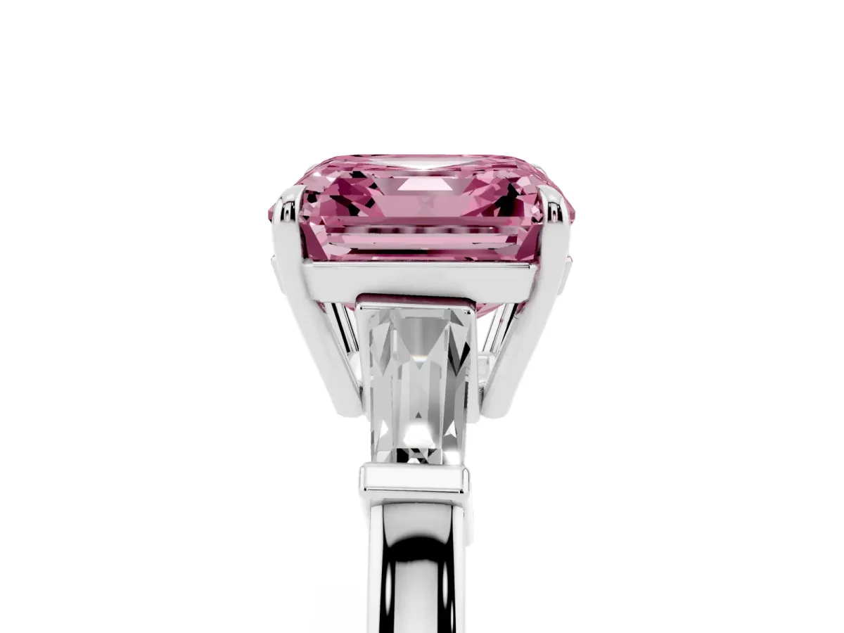 Fancy Pink Asscher Cut Diamond Three-Stone Ring with Tapered Baguette Side Stones and Prong Setting White gold