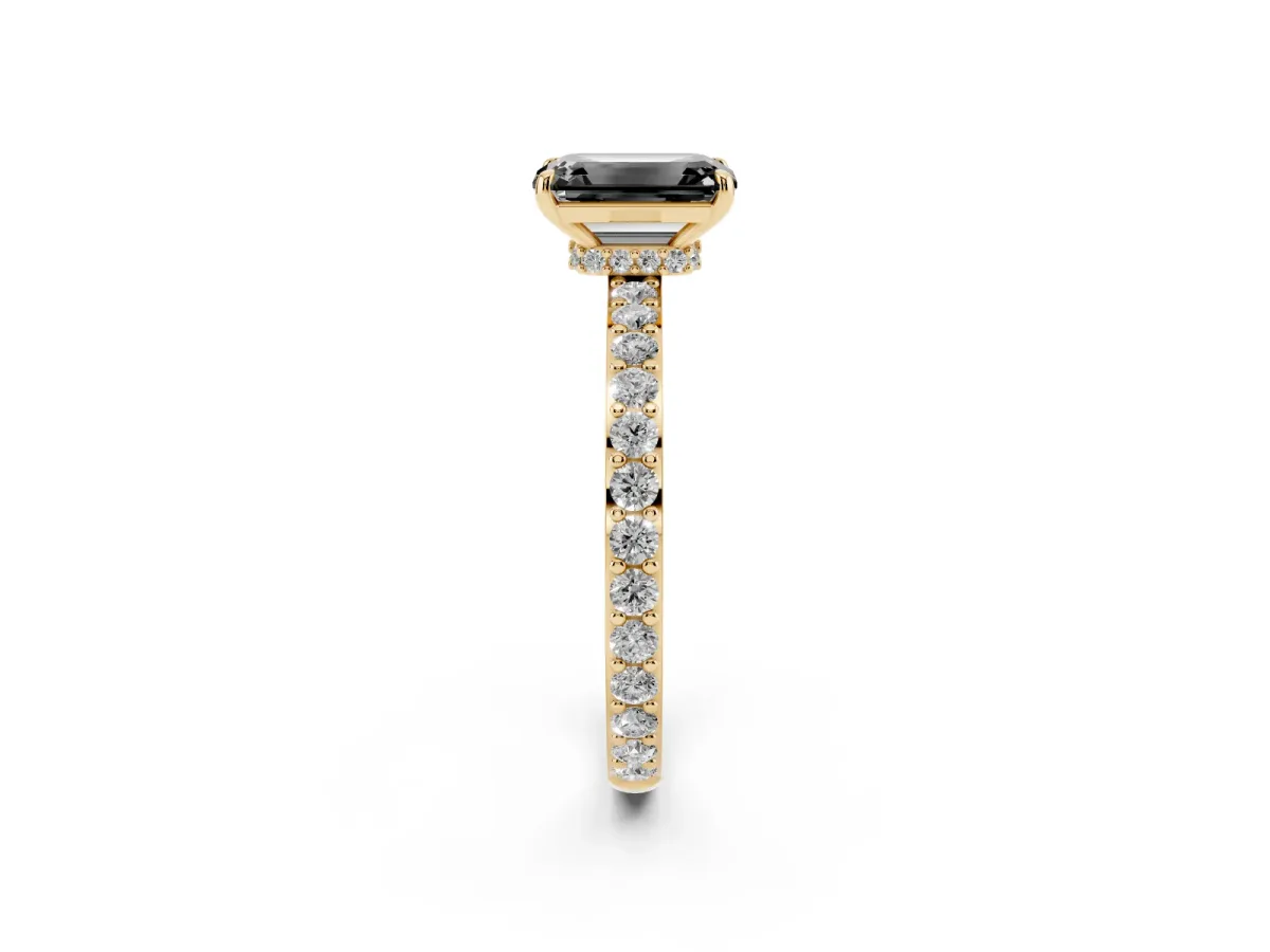 Fancy Black Emerald Cut Diamond Solitaire Engagement Ring with Pavé Band and Four-Prong Setting Yellow gold