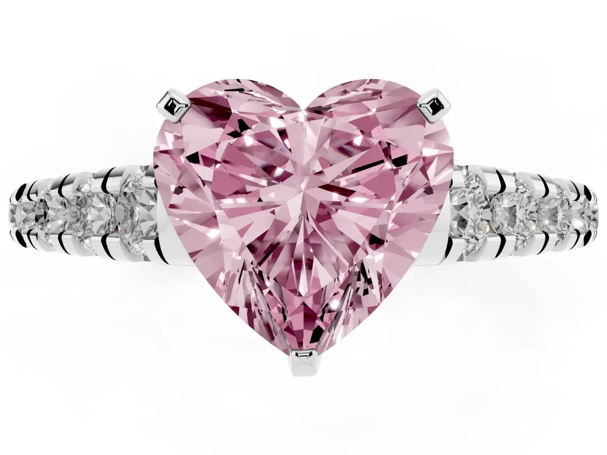 Fancy Pink Heart Cut Diamond Cathedral Solitaire Ring with Round Pavé Band Silver
