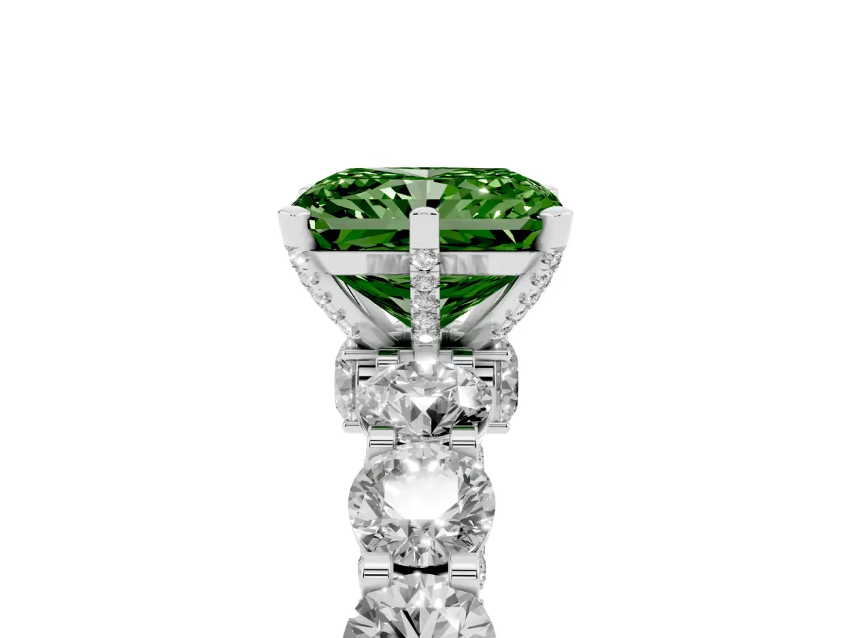 Fancy Green Radiant Cut Diamond Side Stone Engagement Ring with Four-Prong Setting Silver
