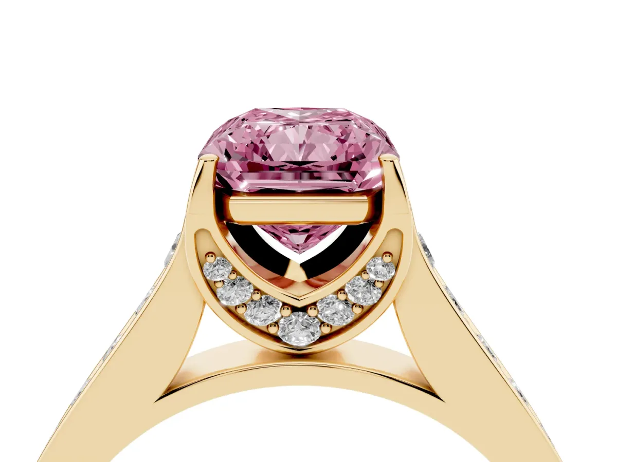 Fancy Pink Radiant Cut Brilliant Cut Diamond Engagement Ring with Pavé Band and Four-Prong Setting Yellow gold