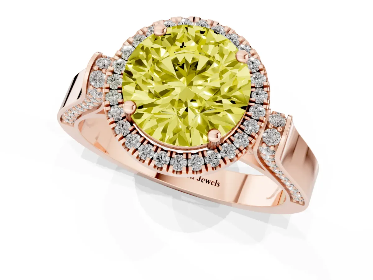 Fancy Yellow Round Cut Halo Round Diamond Twist Band with Four-Prong Setting Rose gold