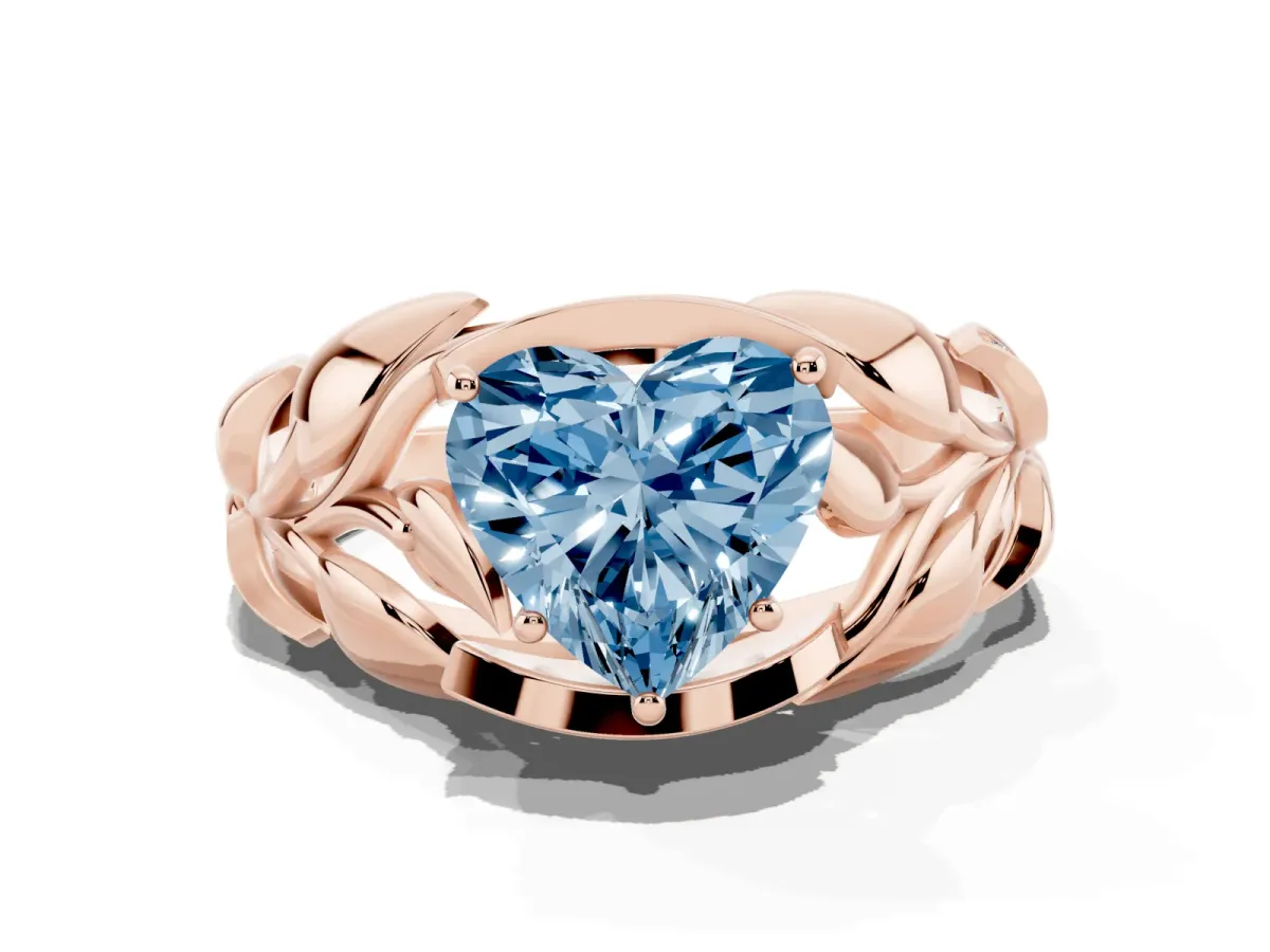 Fancy Blue Heart Cut Diamond Leaf-Inspired Engagement Ring with Round Accents and Prong Setting Rose gold