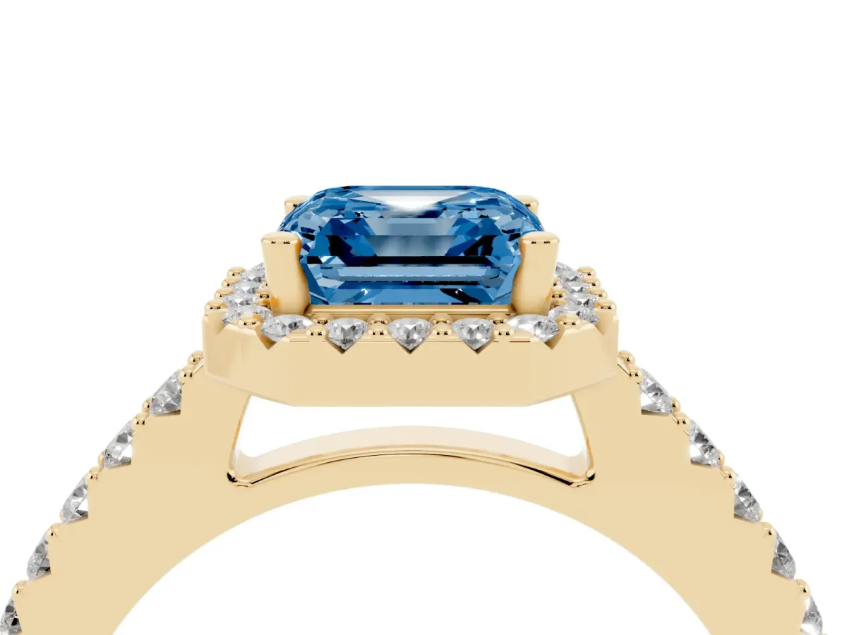 Fancy Blue Asscher Cut Halo Diamond Pavé Solitaire Ring Yellow gold