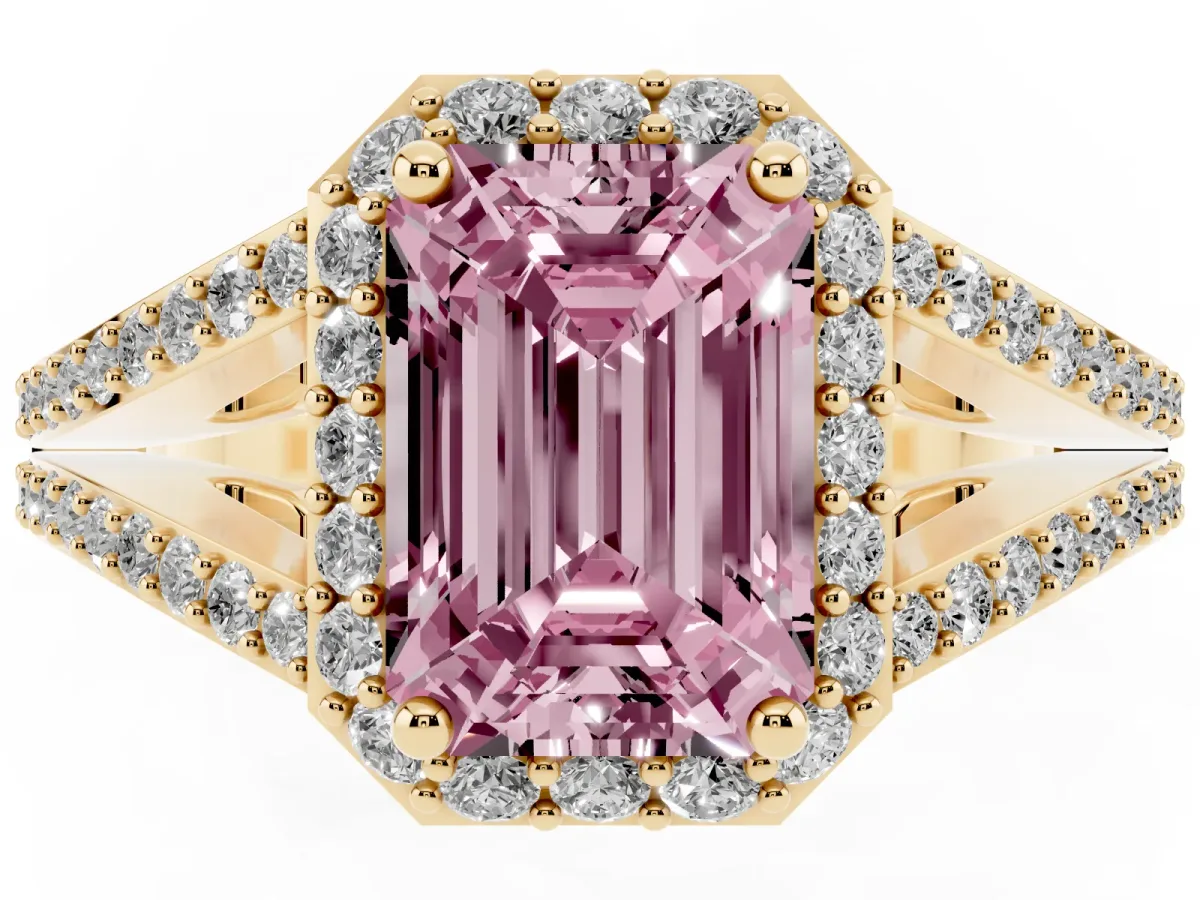 Fancy Pink Emerald Cut Halo Split Shank Diamond Ring with Prong Setting Yellow gold