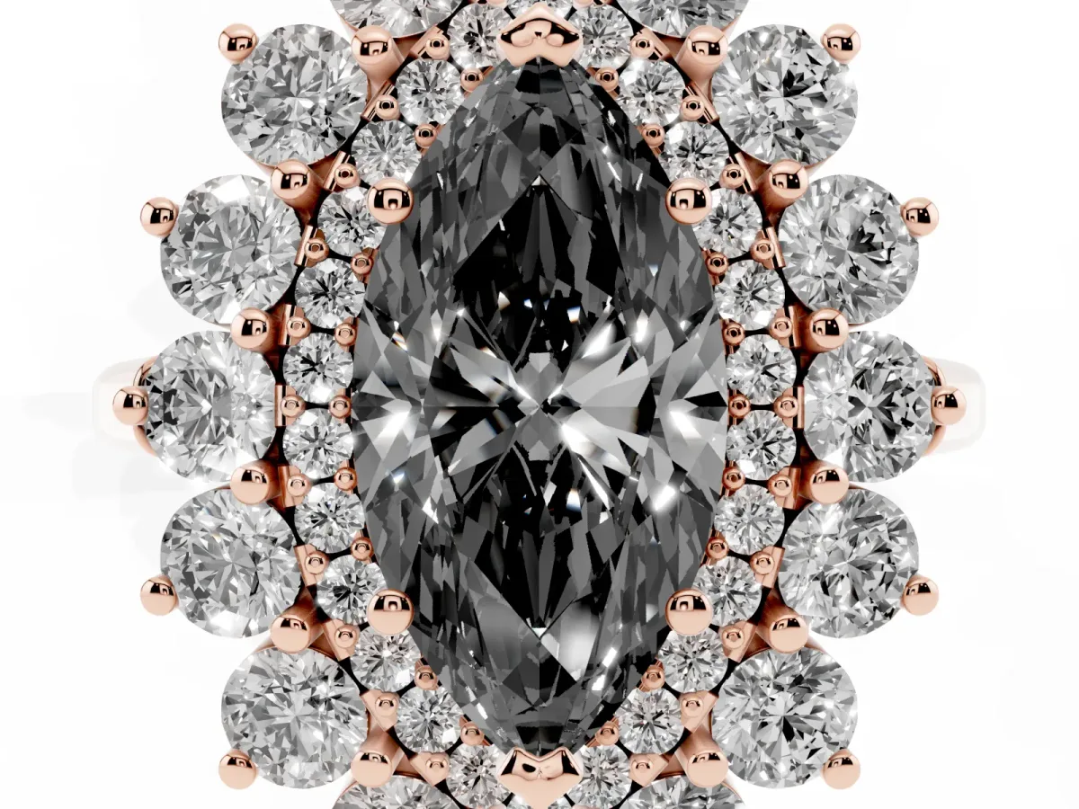 Fancy Black Marquise Cut Diamond Floral Double Halo Engagement Ring with Prong Setting Rose gold
