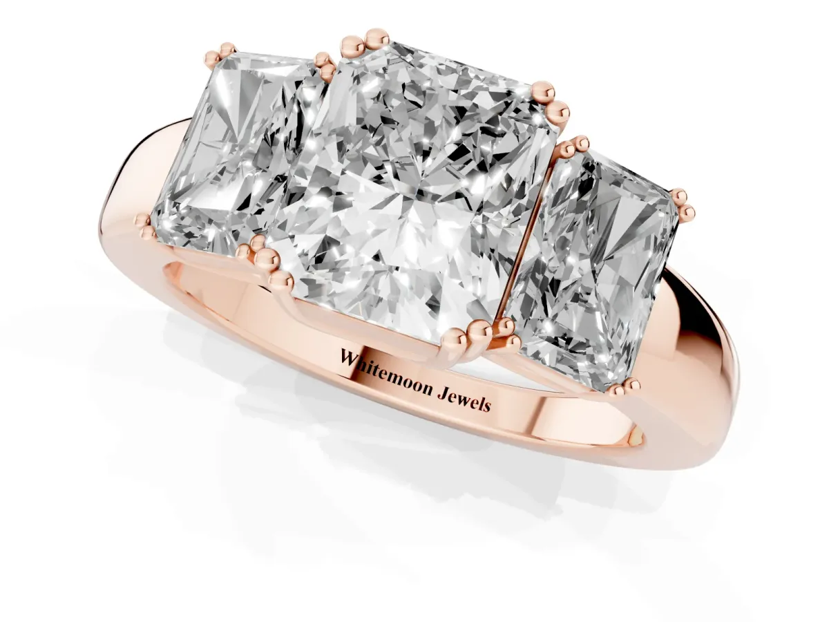 Three-Stone Radiant Cut Cut Diamond Ring with Channel Set Band and Four-Prong Setting Rose gold