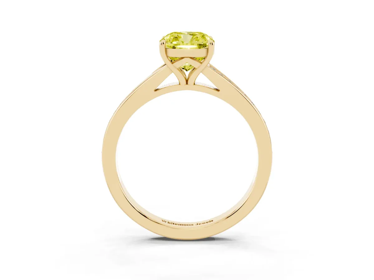 Fancy Yellow Cushion Cut Diamond Solitaire Ring with Pavé Band and Prong Setting Yellow gold