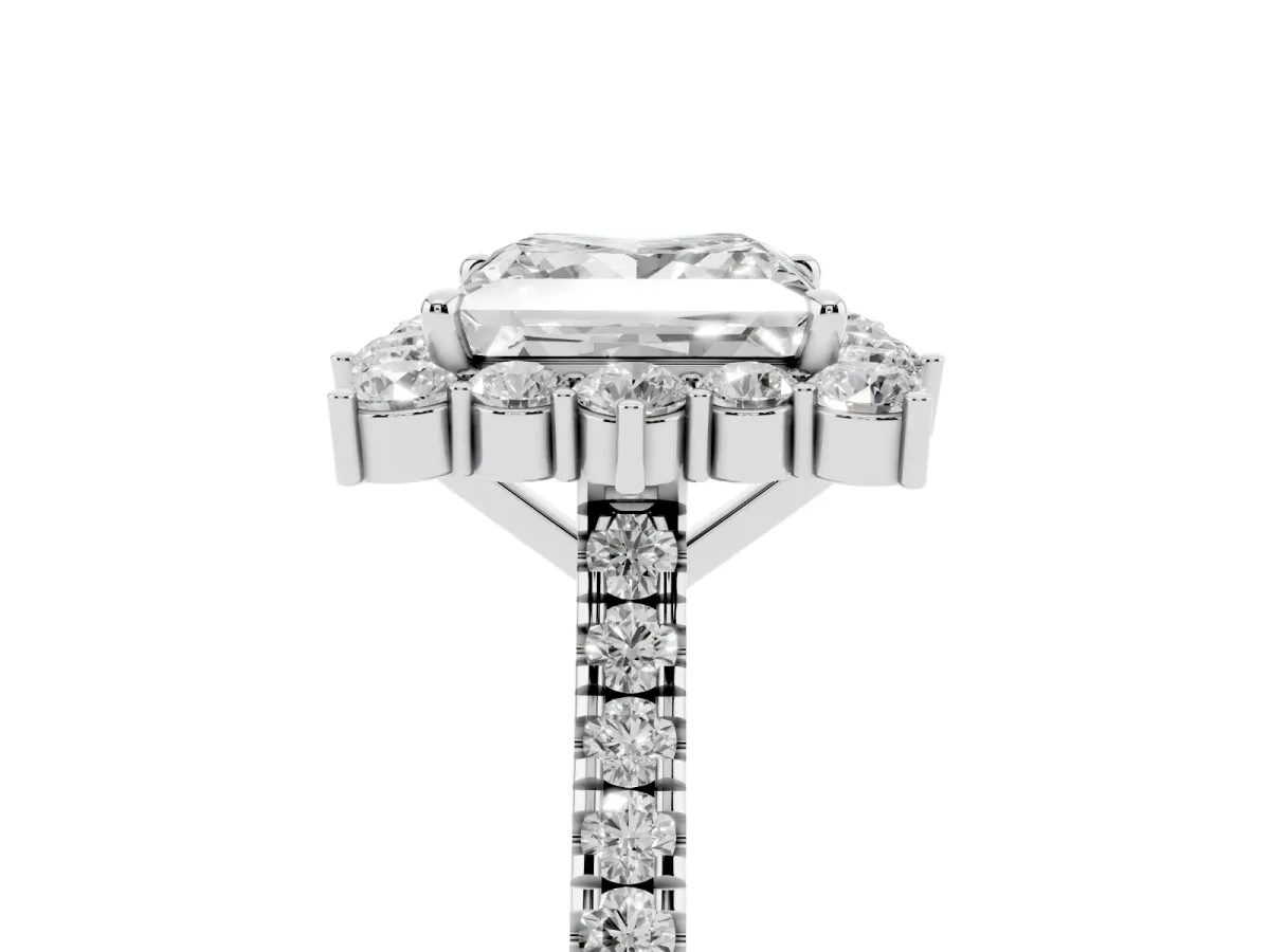 Princess Cut Halo Diamond Ring with Pavé Band and Prong Setting Silver