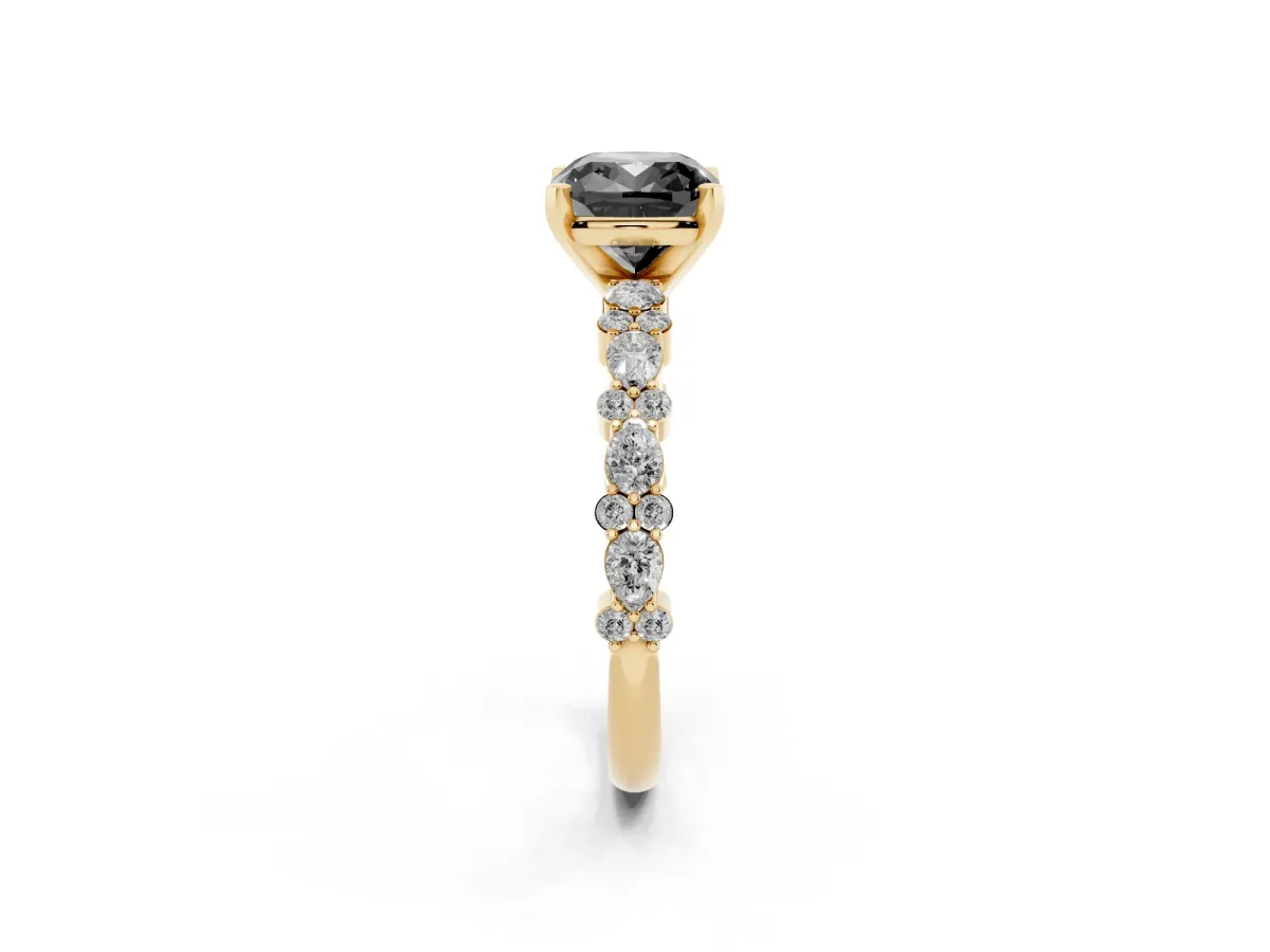 Fancy Black Cushion Cut Diamond Side Stone Solitaire Ring with Round and Four-Prong Setting Yellow gold