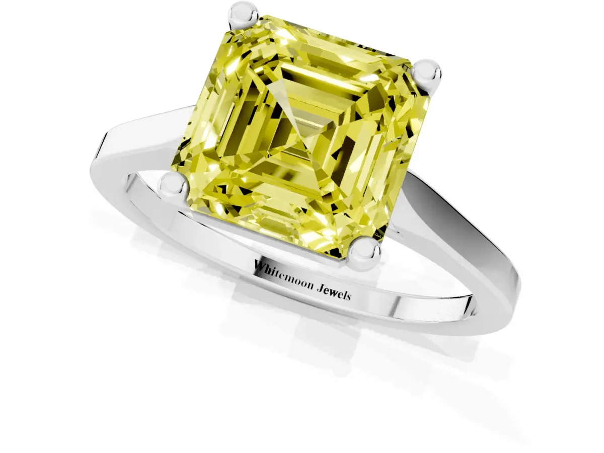 Fancy Yellow Asscher Cut Solitaire Diamond Ring with Four-Prong Setting and Tapered Band Silver