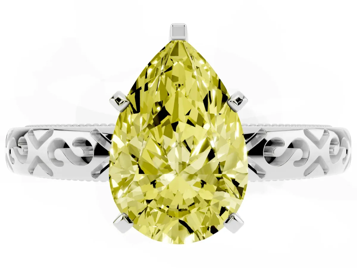 Fancy Yellow Pear Cut Solitaire Engagement Ring with Scrollwork Band and Four-Prong Setting Silver