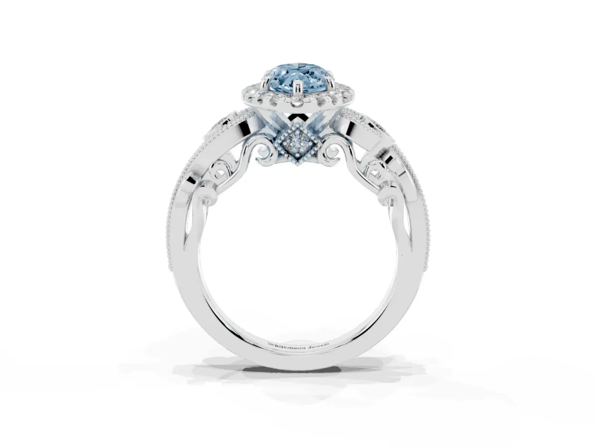 Fancy Blue Marquise Cut Halo Diamond Ring with Milgrain and Bezel Accents on a Split Shank Band White gold