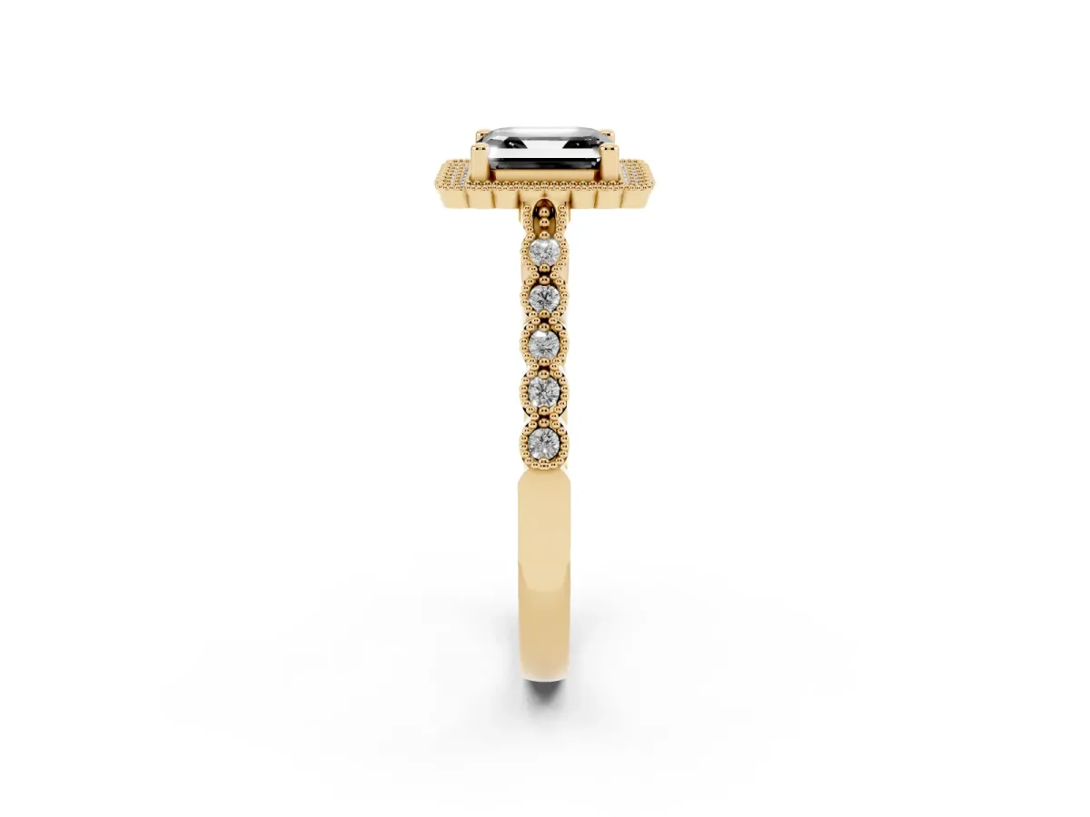 Fancy Black Asscher Cut Cut Halo Pavé Solitaire Ring with Milgrain Band Yellow gold