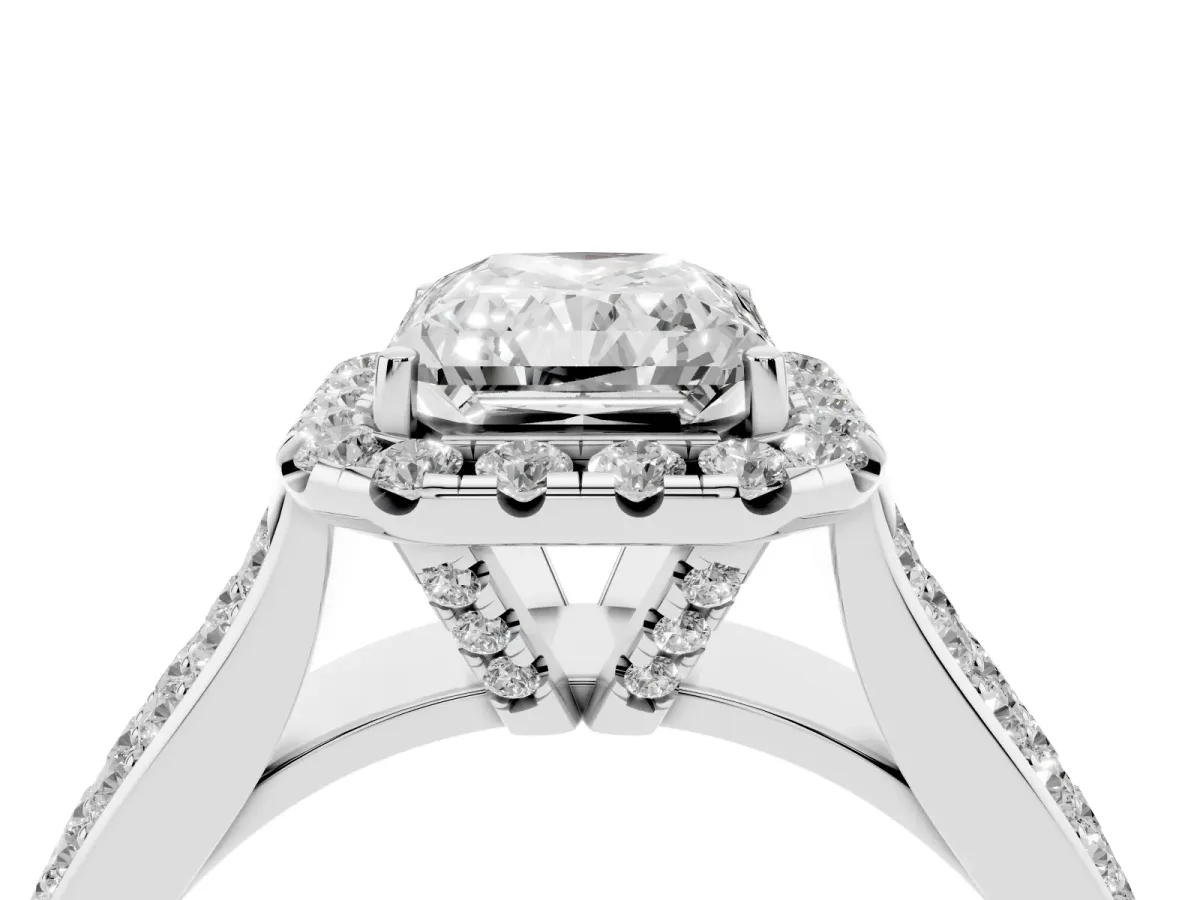 Radiant Cut Halo Round Diamond Pave Band with Prong Setting Silver