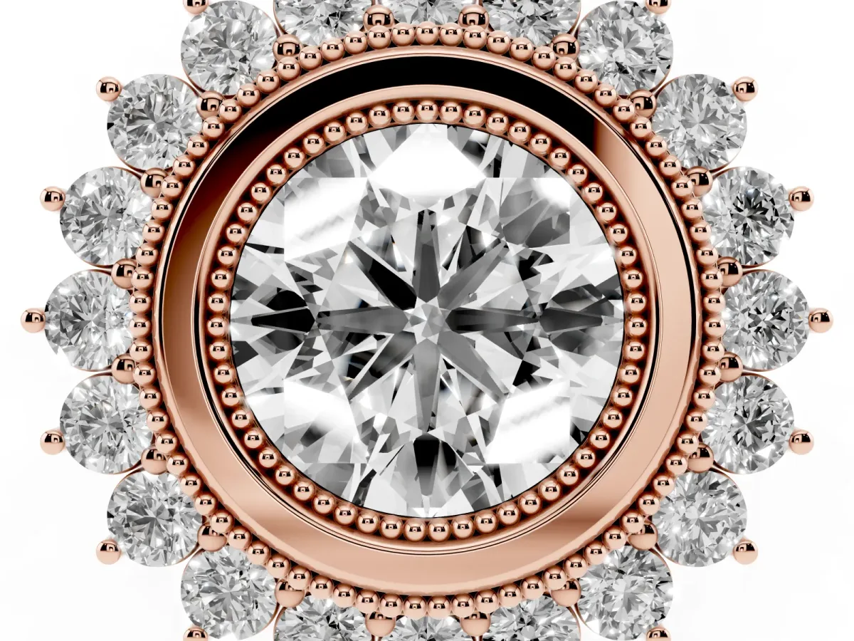 Round Cut Halo Diamond Ring with Milgrain Edge and Round Prong Setting Rose gold
