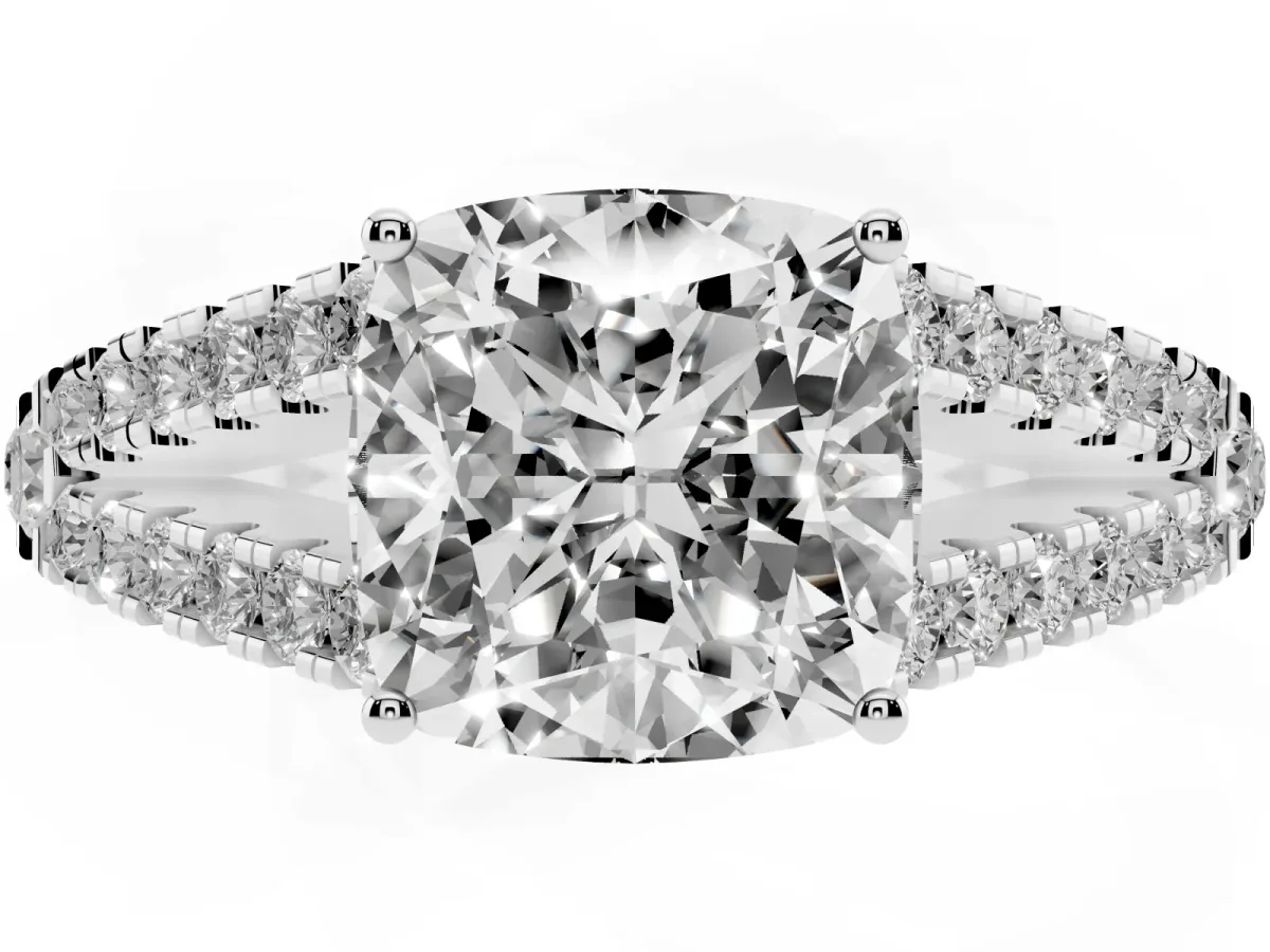 Cushion Cut Diamond Split Shank Pavé Engagement Ring with Four-Prong Setting Platinum
