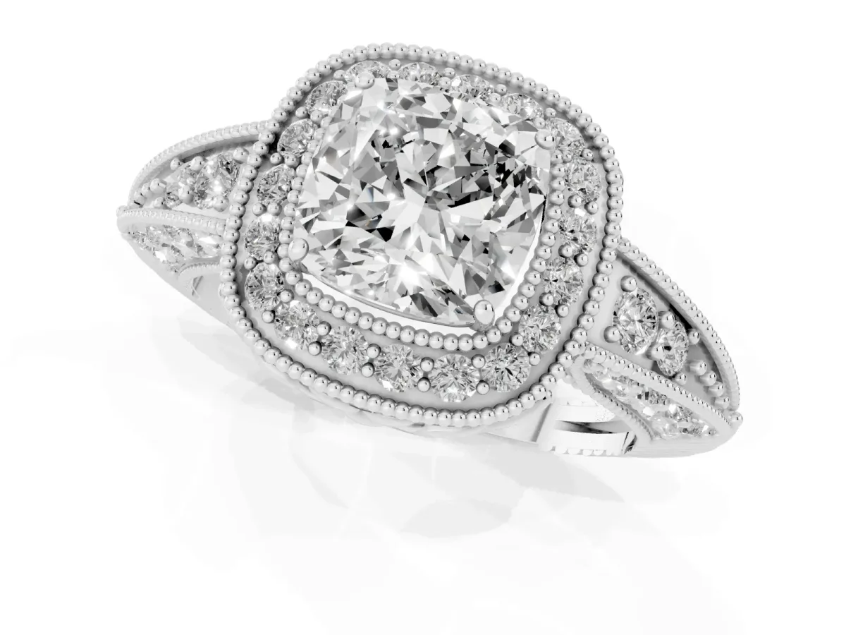 Cushion Cut Halo Diamond Split Shank Ring with Milgrain Detail Silver