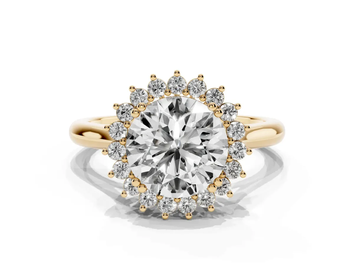 Round Cut Cut Diamond Halo Ring with Solitaire Band and Prong Setting Yellow gold