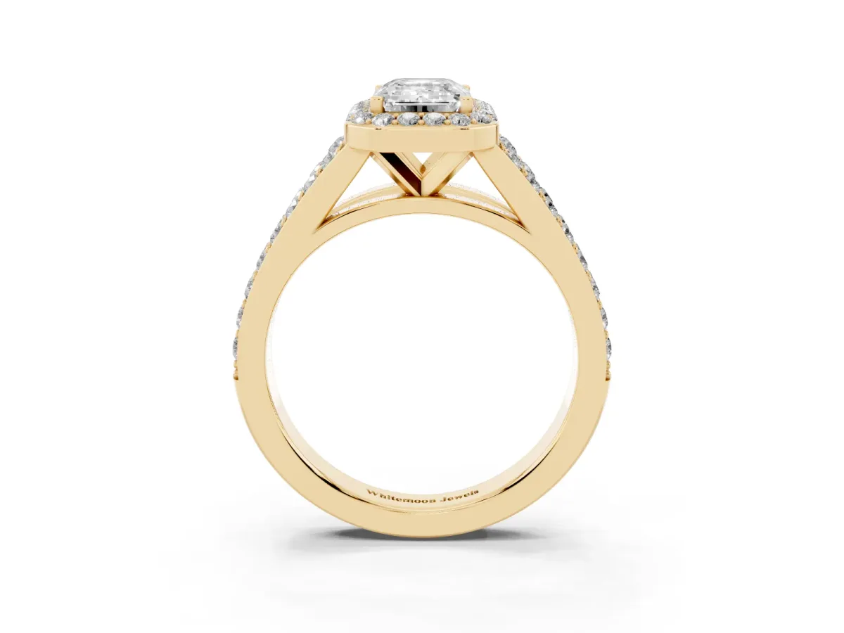 Emerald Cut Diamond Split Shank Halo Ring with Four-Prong Setting Yellow gold