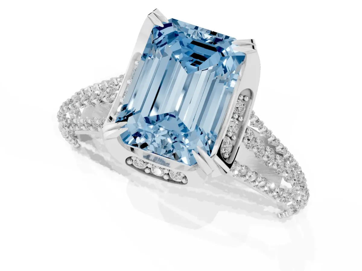 Fancy Blue Emerald Cut Solitaire Pave Split Shank Ring with Four-Prong Setting Platinum