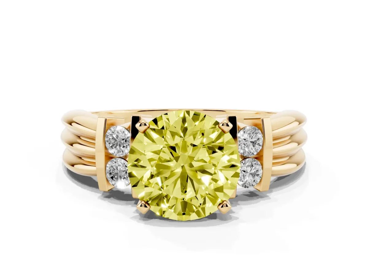 Fancy Yellow Round Cut Cut Three-Stone Channel Set Ring with Bar Prongs Yellow gold