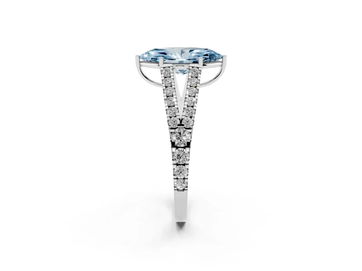 Fancy Blue Marquise Cut Diamond Split Shank Engagement Ring with Round Pavé and Prong Setting Silver