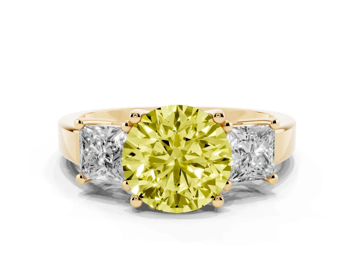 Fancy Yellow Three-Stone Round Cut Cut Solitaire Ring with Prong Setting Yellow gold