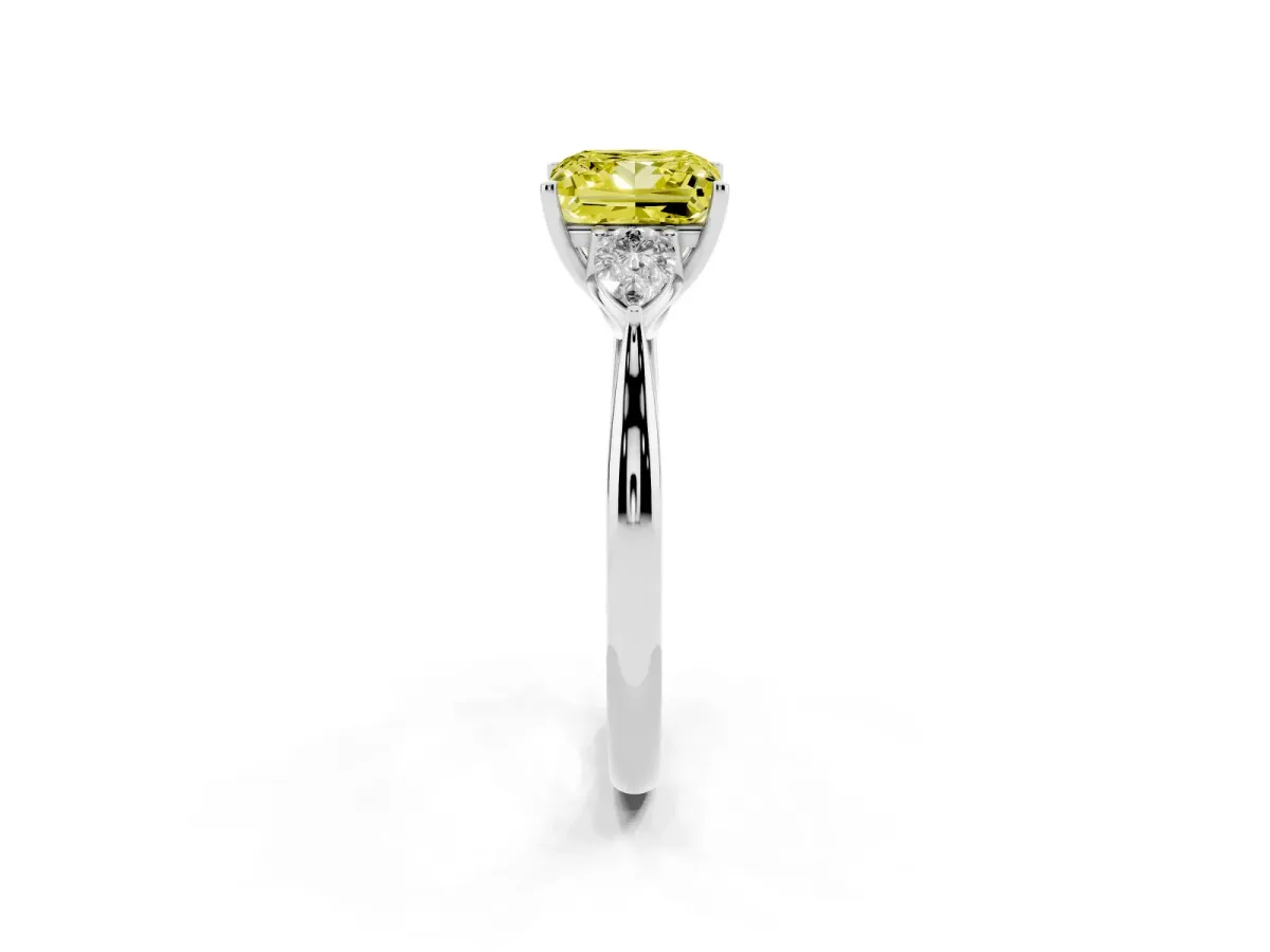 Fancy Yellow Three-Stone Princess Cut Brilliant Diamond Solitaire Ring with Tapered Band and Four-Prong Setting White gold