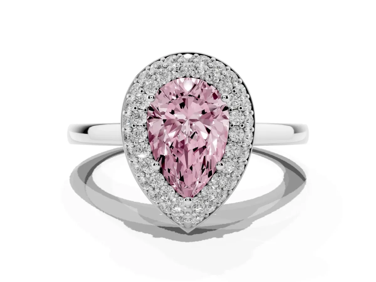 Fancy Pink Pear Cut Halo Diamond Engagement Ring with Solitaire Band and Four-Prong Setting White gold
