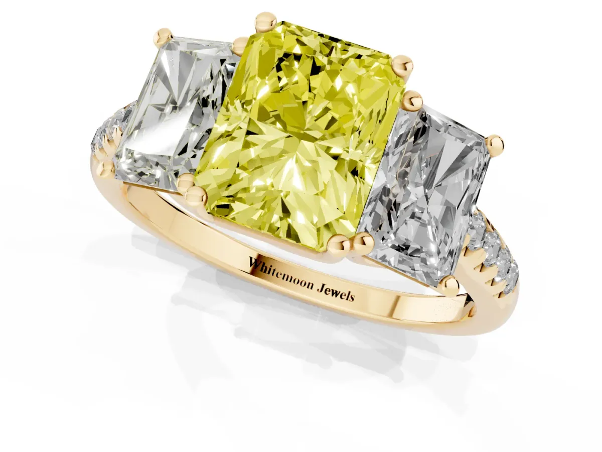 Fancy Yellow Three-Stone Radiant Cut Diamond Ring with Round Pavé Band and Prong Setting Yellow gold