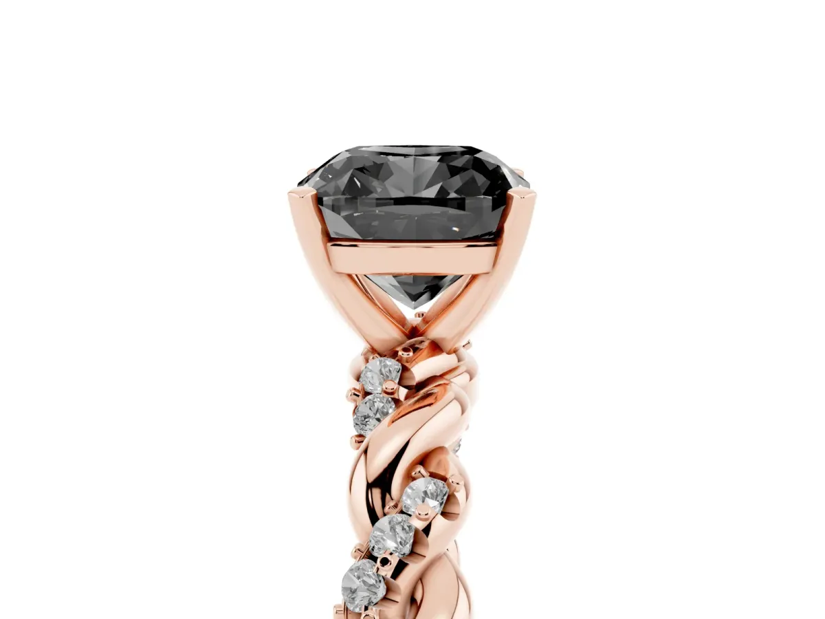 Fancy Black Cushion Cut Diamond Solitaire Ring with Twisted Band and Pavé Accents Rose gold