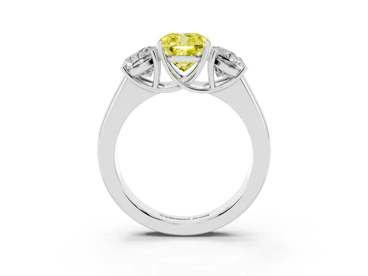 Fancy Yellow Three-Stone Cushion Cut Cut Diamond Ring with Prong Setting and Classic Band Silver