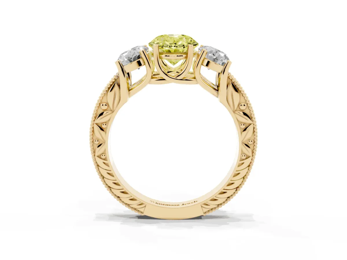 Fancy Yellow Three-Stone Oval Cut Cut Milgrain Pavé Engagement Ring Yellow gold