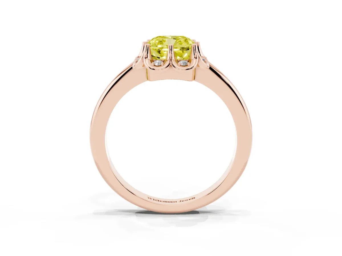 Fancy Yellow Cushion Cut Halo Diamond Ring with Round Cluster Setting, Solitaire Band, and Four-Prong Setting Rose gold