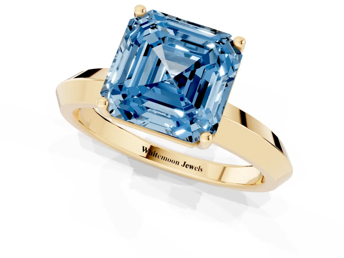 Fancy Blue Asscher Cut Cut Solitaire Engagement Ring with Flat Band and Four-Prong Setting Yellow gold