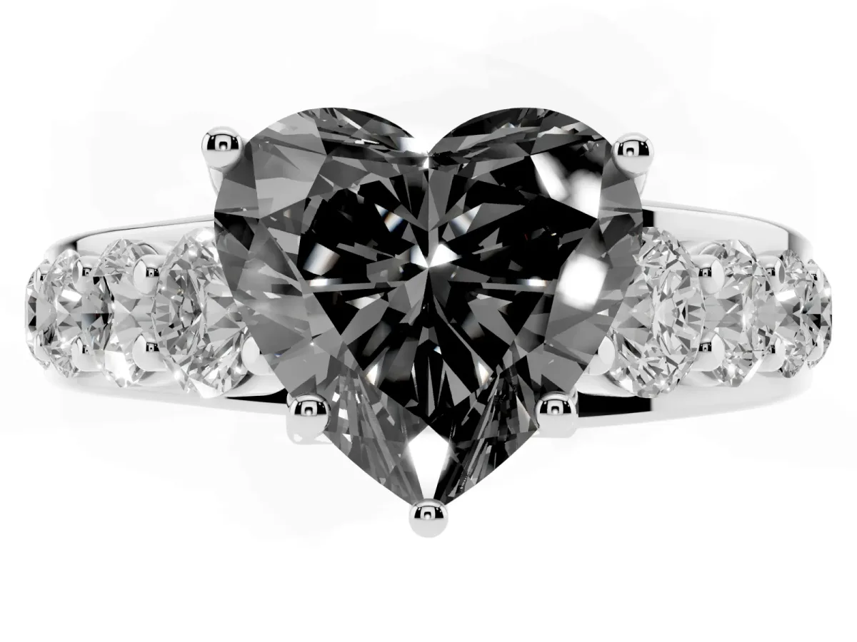 Fancy Black Heart Cut Diamond Engagement Ring with Pavé Band and Four-Prong Setting Platinum