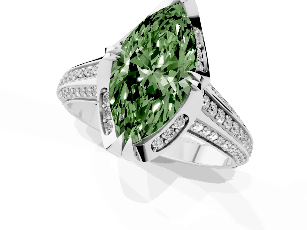 Fancy Green Marquise Cut Solitaire Pave Split Shank Ring with Four-Prong Setting White gold