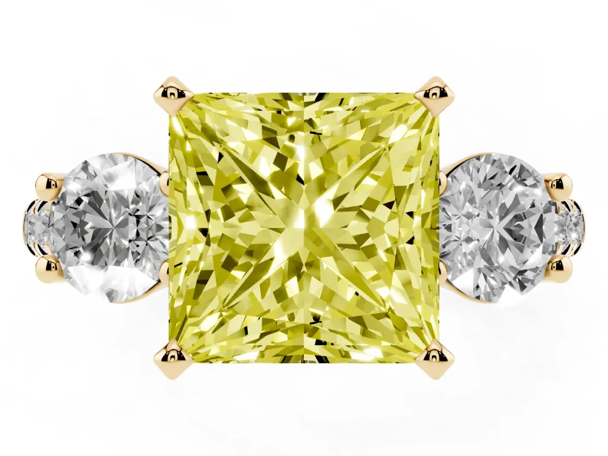 Fancy Yellow Three-Stone Princess Cut Diamond Pavé Band with Four-Prong Setting Yellow gold