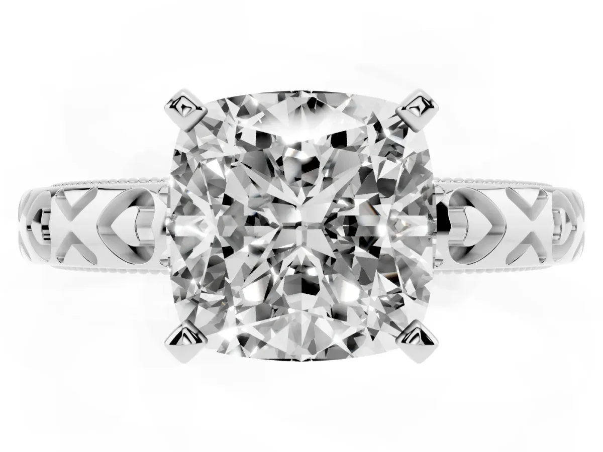 Cushion Cut Solitaire Diamond Engagement Ring with XO Engraved Band and Four-Prong Setting Platinum