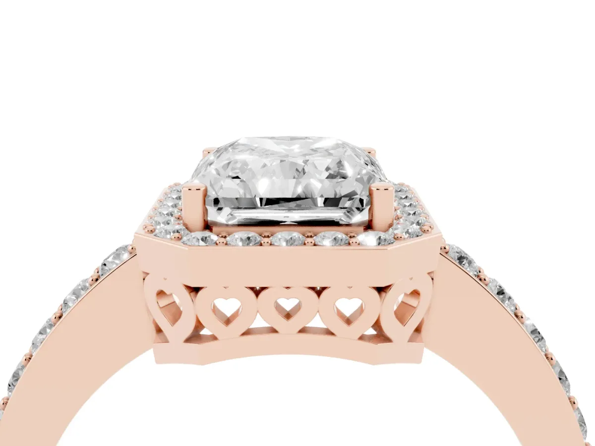 Radiant Cut Halo Diamond Pavé Band Ring with Prong Setting Rose gold