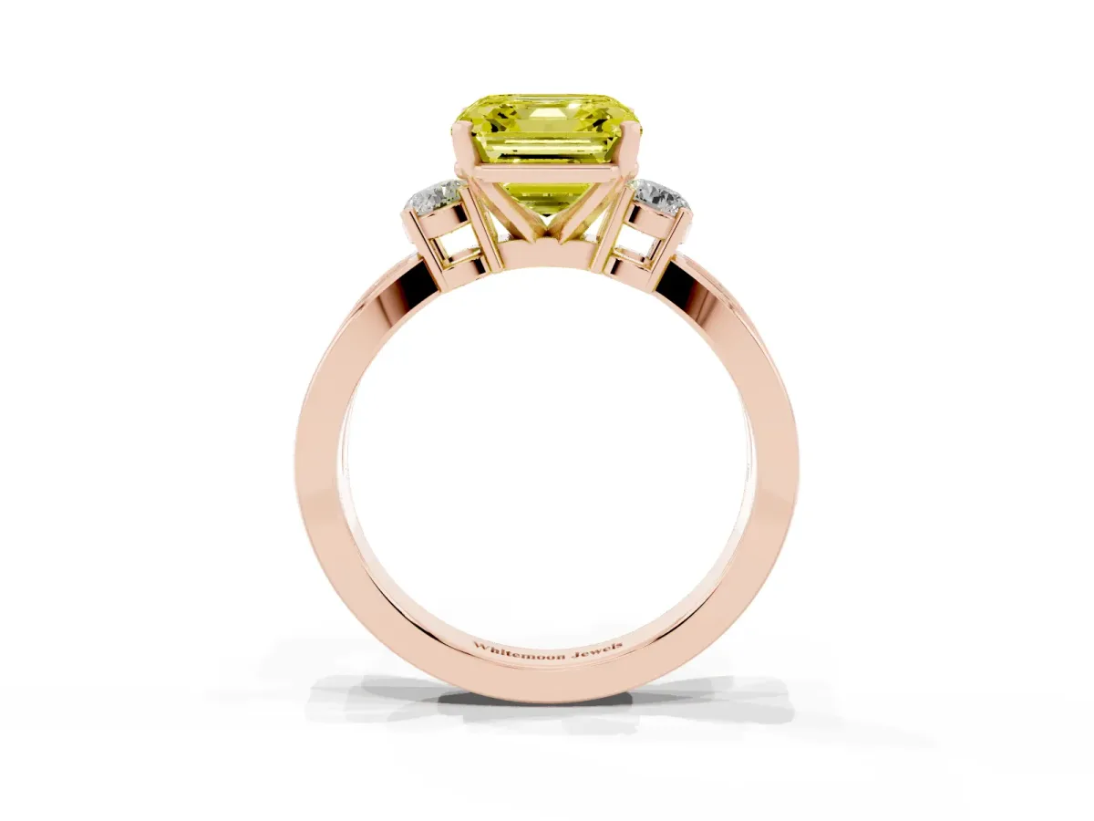 Fancy Yellow Three-Stone Asscher Cut Cut Diamond Twist Band with Prong Setting Rose gold