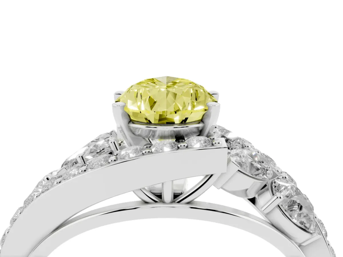 Fancy Yellow Pear Cut Diamond Halo Ring with Marquise and Pavé Band in Prong Setting Platinum
