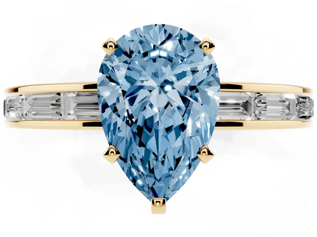 Fancy Blue Pear Cut Solitaire Diamond Ring with Channel-Set Baguette Band and Four-Prong Setting Yellow gold